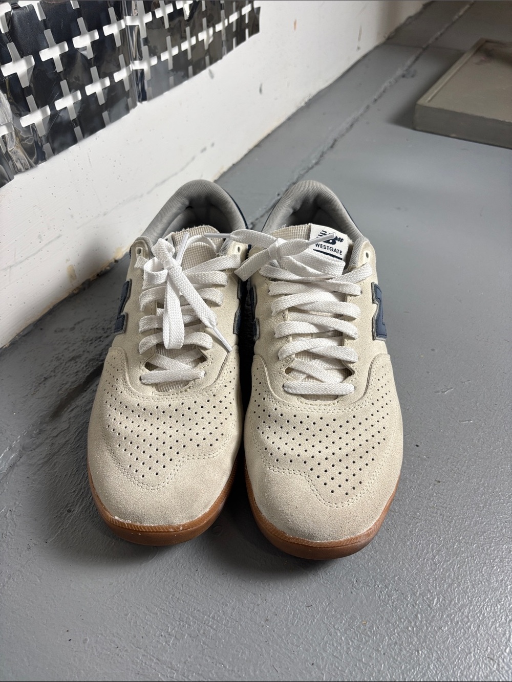 New Balance Cream Suede Sneakers with Brown Gum Sole